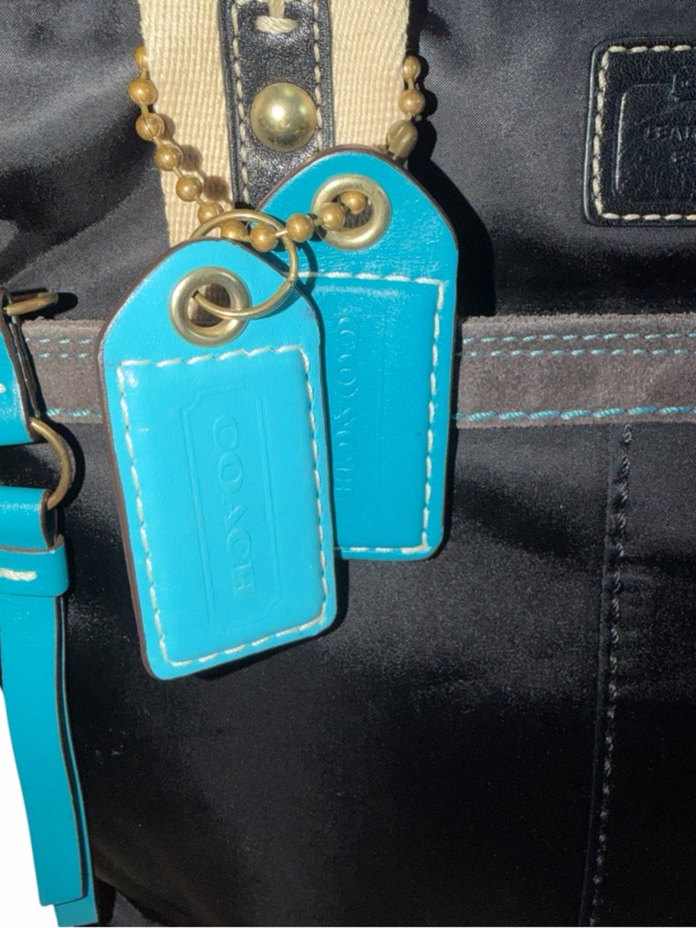 Coach Hampton Black Nylon Tote with Cream Handles and Turquoise Hang Tags - Picture 4 of 14